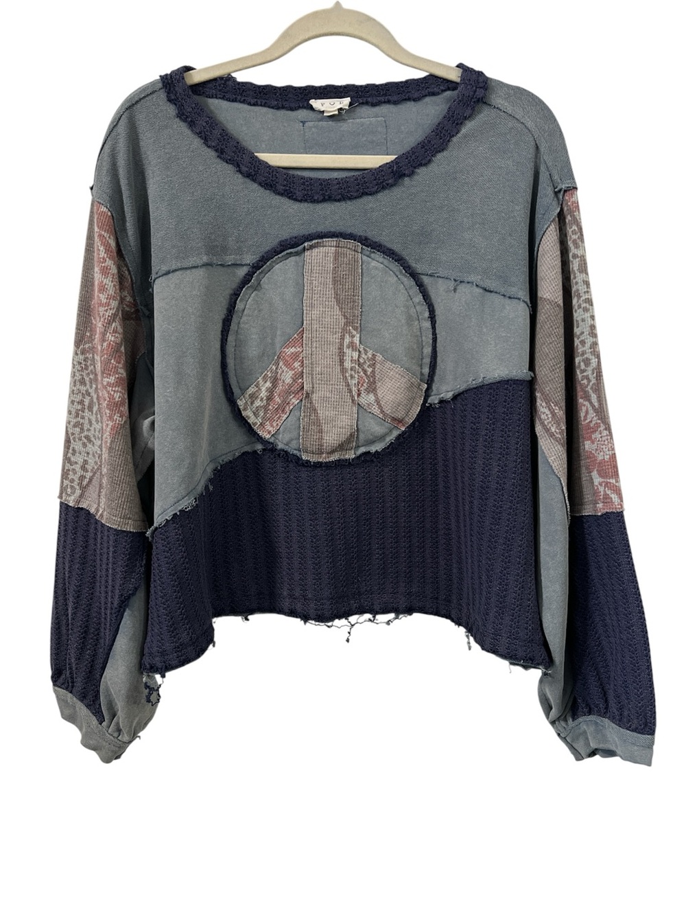 Pol Boho Peace Sign Patchwork Cropped Sweatshirt - Navy/Gray